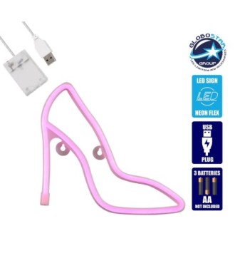 GloboStar® 78577 Φωτιστικό Ταμπέλα Φωτεινή Επιγραφή NEON LED Σήμανσης WOMEN SHOES 5W με Καλώδιο Τροφοδοσίας USB - Μπαταρίας 3xAAA (Δεν Περιλαμβάνονται) - Ροζ